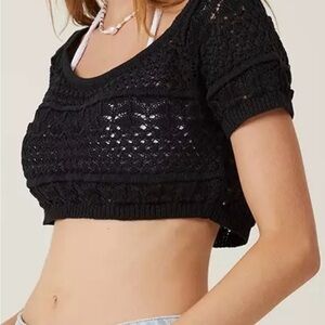 Cotton On Jetset Crochet Off Shoulder Knit Black Crop Top
